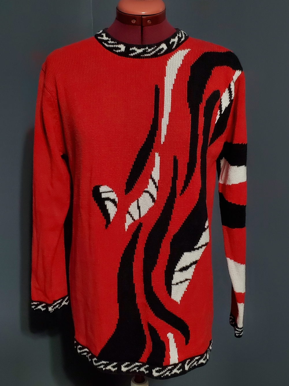 Vintage Terazzo Red Black White Abstract Intarsia Crewneck Sweater Women Size M